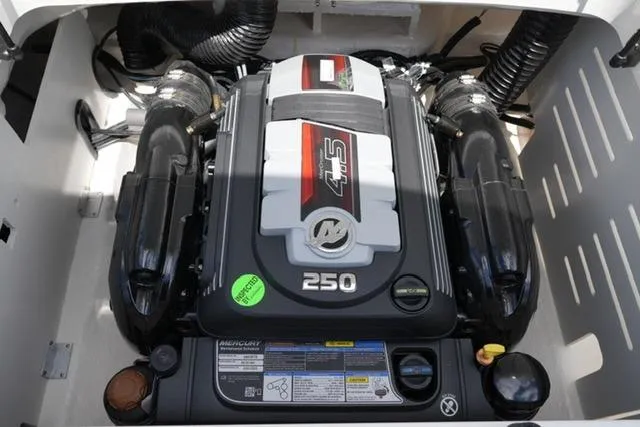 Slide: The Image of 2026 Sea Ray SPX 210 engine compartment with Mercury 250 horsepower engine. - 18