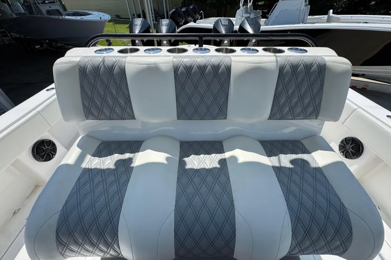Slide: The Image of 2021 Invincible 35' Catamaran interior with plush seating and modern design. - 26
