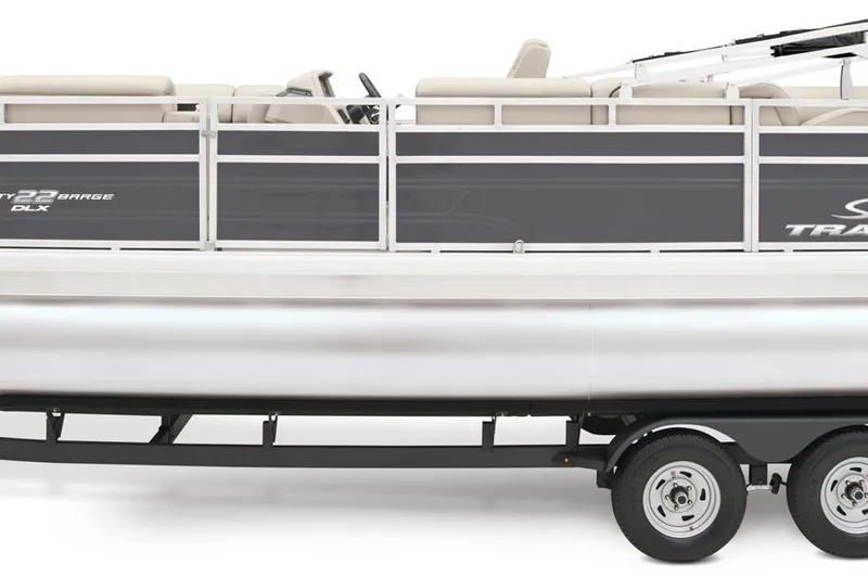 Slide: The Image of 2026 Sun Tracker Party Barge 22 RF DLX pontoon boat on trailer. - 3