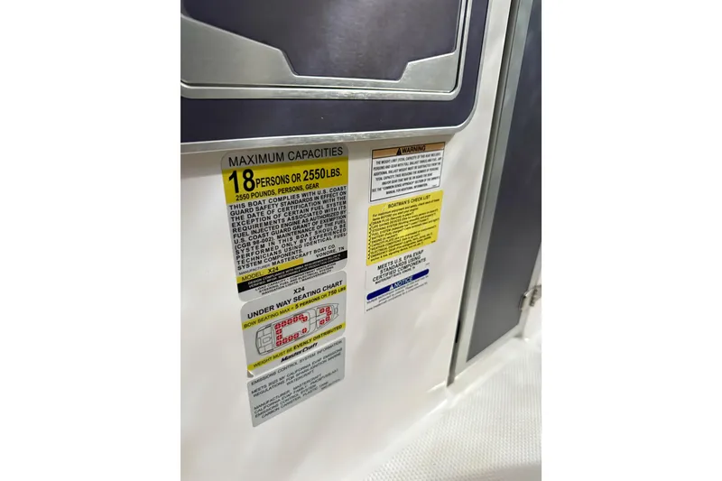 Slide: The Image of 2023 MasterCraft X24 capacity label, showing maximum capacity of 18 persons or 2550 lbs. - 15