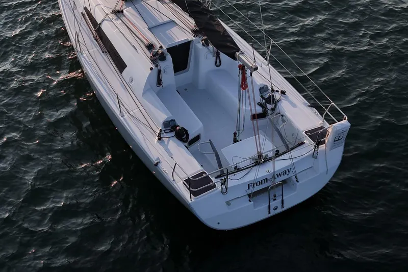 Slide: The Image of 2017 Jeanneau SunFast 3200 sailboat on water, aerial view of deck and cockpit. - 18
