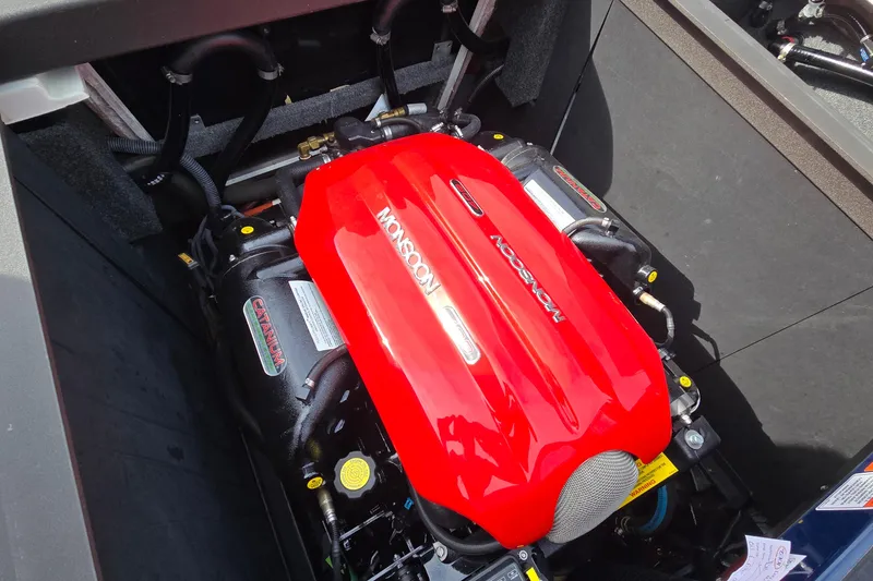 Slide: The Image of 2019 Axis T23 boat engine with red Monsoon cover, detailed view. - 29