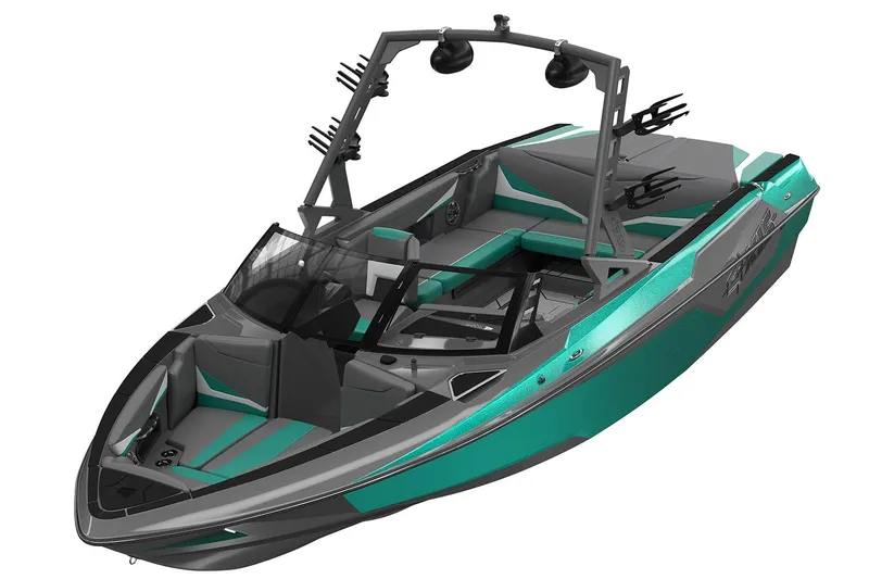 Slide: The Image of Manufacturer Provided Image: 2019 Axis T23 boat with teal and gray design, featuring a wakeboard tower. - 55