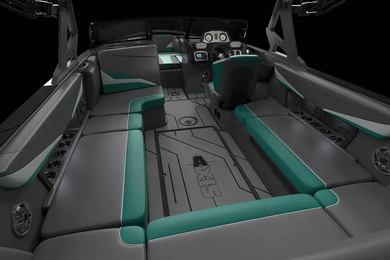 Slide: The Image of Manufacturer Provided Image: 2019 Axis T23 boat interior with teal and gray seating. - 56