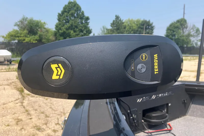 Slide: The Image of Close-up of a 2025 Tracker Targa V-19 Combo boat's Terrova trolling motor control. - 8