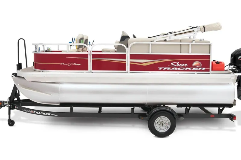 Slide: The Image of 2026 SUNTRACKER Bass Buggy 16 XL pontoon boat on trailer, side view. - 3
