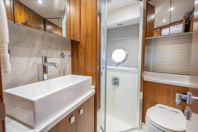 Slide: The Image of Luxurious bathroom interior of 2018 Sunseeker Predator 57 yacht with modern fixtures. - 82