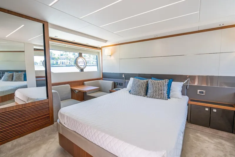 Slide: The Image of Luxurious interior of 2018 Sunseeker Predator 57 yacht with elegant bedroom design. - 67