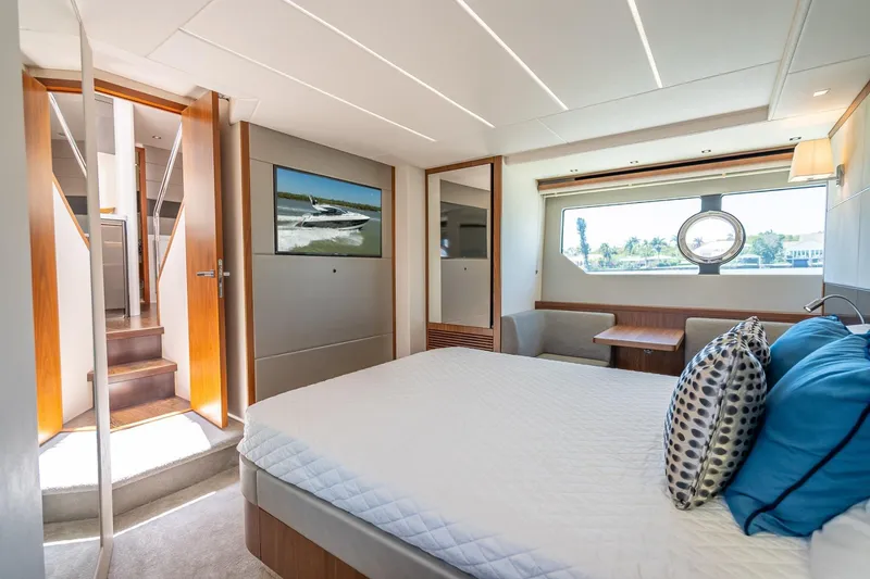 Slide: The Image of Luxurious interior of 2018 Sunseeker Predator 57 yacht with modern bedroom design. - 69