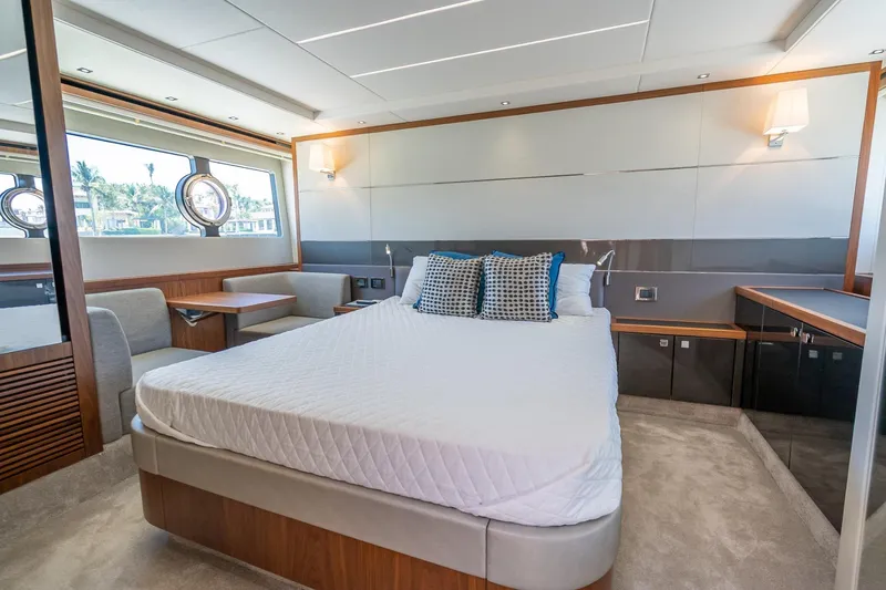 Slide: The Image of Luxurious 2018 Sunseeker Predator 57 yacht bedroom with modern design and elegant furnishings. - 71
