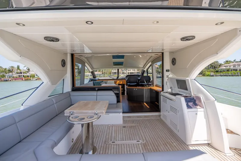 Slide: The Image of Luxurious 2018 Sunseeker Predator 57 yacht interior with spacious seating and elegant design. - 40
