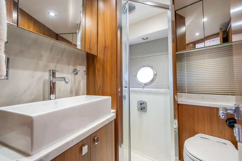 Slide: The Image of Luxurious bathroom interior of 2018 Sunseeker Predator 57 yacht with modern fixtures. - 83