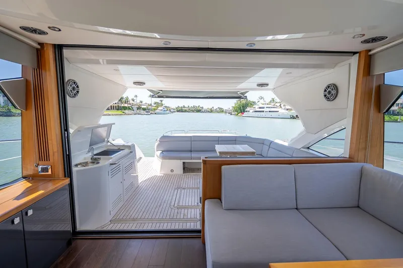 Slide: The Image of Luxurious interior of 2018 Sunseeker Predator 57 yacht with waterfront view. - 44