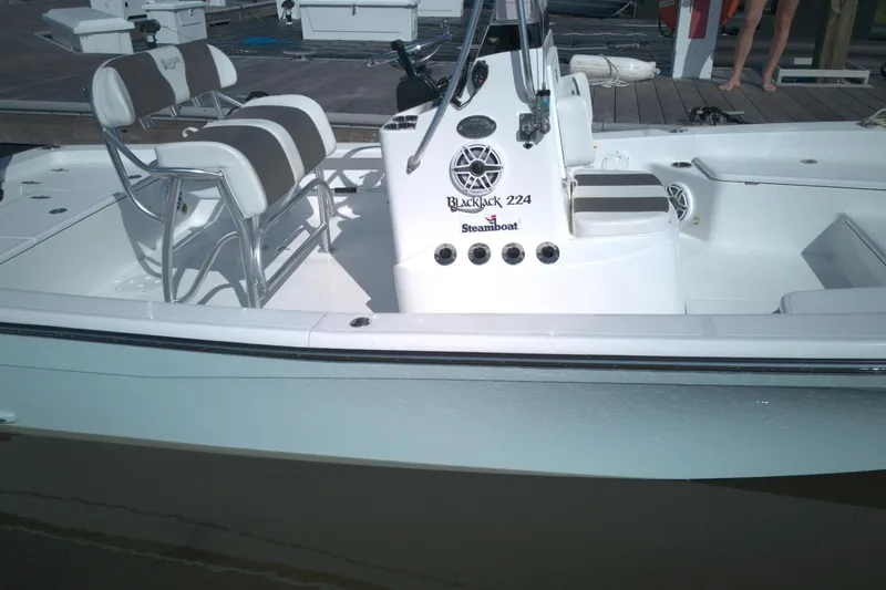 Slide: The Image of 2024 BlackJack 224 boat interior with seating and console, docked at marina. - 8