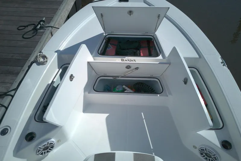 Slide: The Image of 2024 BlackJack 224 boat with open storage compartments, docked by wooden pier. - 9