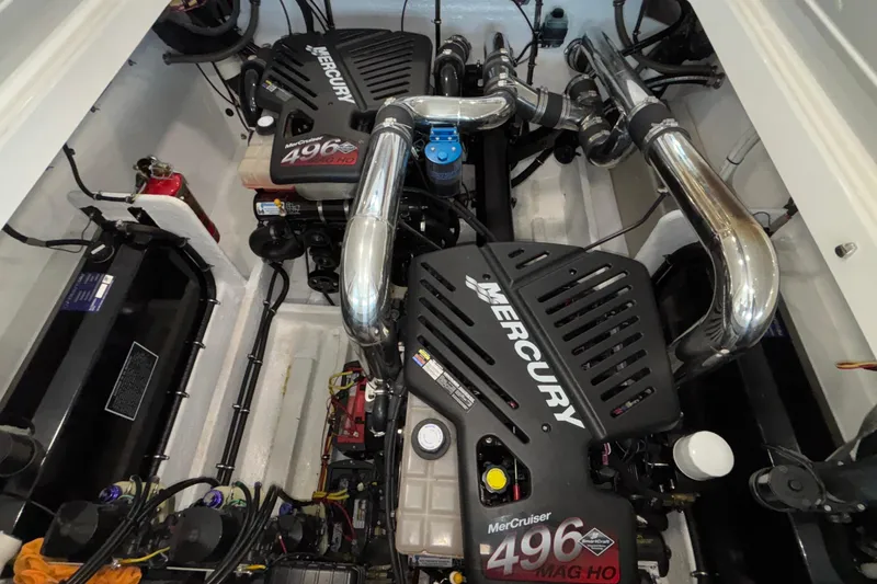 Slide: The Image of Engine compartment of a 2006 Fountain 42 Executioner with dual Mercury 496 MAG HO engines. - 21