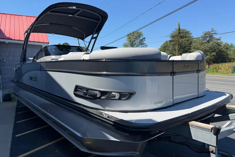 Slide: The Image of 2026 Avalon 2585 Catalina Windshield Quad Lounger, Tri-toon boat with Mercury 350hp V-10 engine. - 7