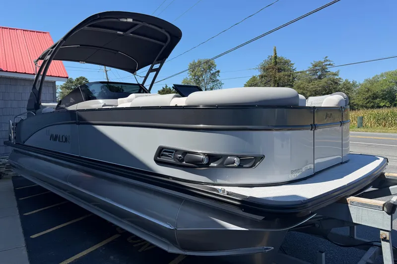 Slide: The Image of 2026 Avalon 2585 Catalina Windshield Quad Lounger, Tri-toon boat with Mercury 350hp V-10 engine. - 8
