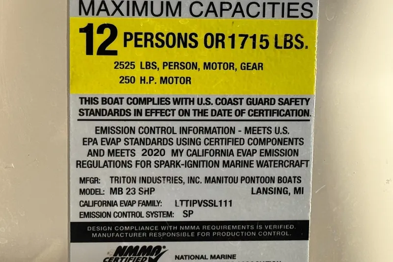 Slide: The Image of 2021 Manitou 23 Aurora LE Standard capacity label: 12 persons, 2525 lbs, 250 HP motor. - 26