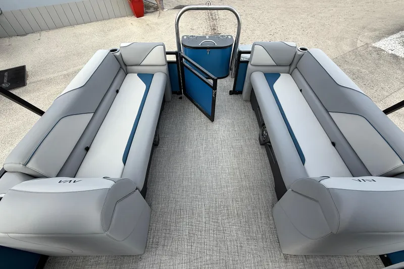 Slide: The Image of 2026 Avalon 2385 Venture 85 Quad Lounger interior with gray and blue seating. - 50