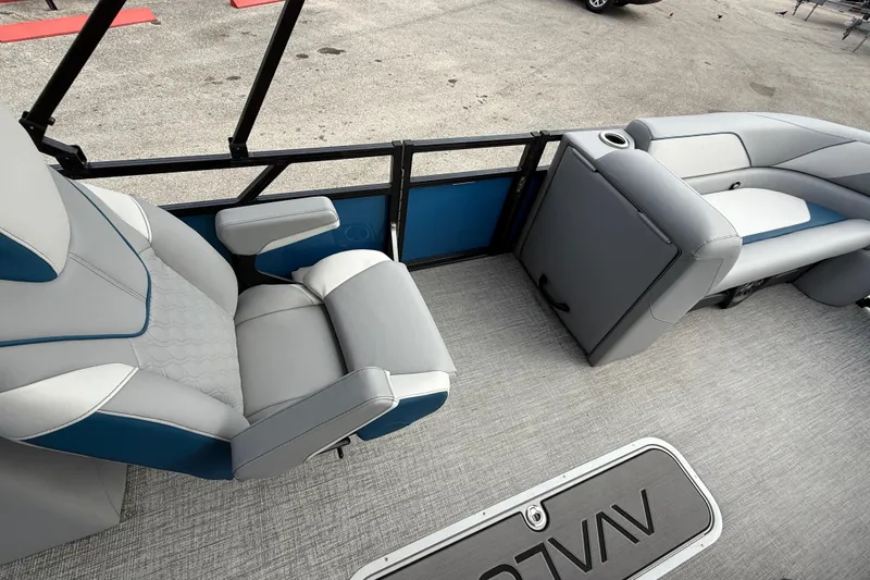 Slide: The Image of 2026 Avalon 2385 Venture 85 Quad Lounger interior with gray and blue seating. - 55