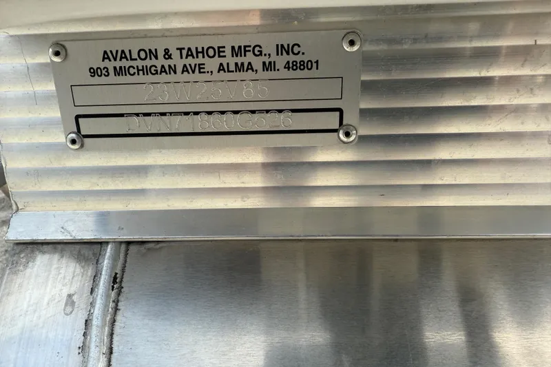 Slide: The Image of Metal identification plate for 2026 Avalon 2385 Venture 85 Quad Lounger, Tri Toon High Performance. - 57