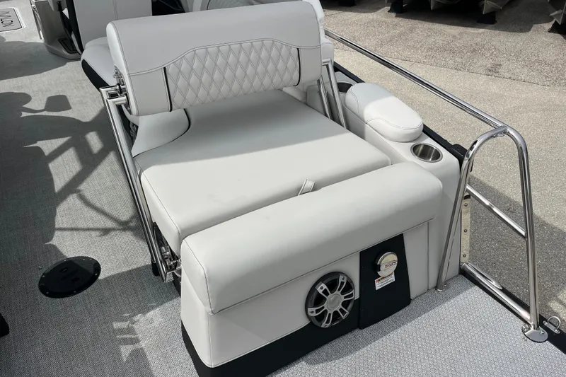 Slide: The Image of Luxurious seating on 2026 Avalon 2785 Excalibur LTD boat with premium upholstery and speaker system. - 26