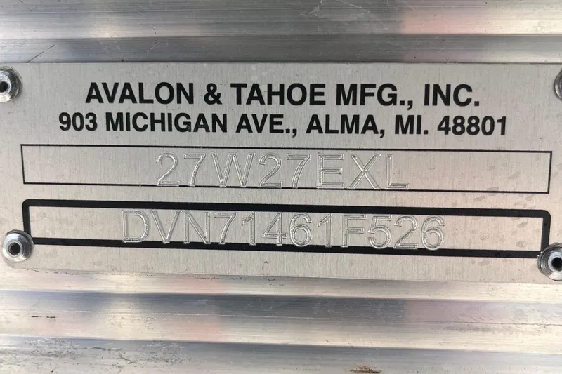 Slide: The Image of Metal identification plate for Avalon 2785 Excalibur LTD, 2026 model, with manufacturing details. - 27