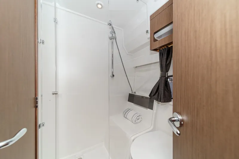 Slide: The Image of Modern bathroom interior on 2023 Beneteau Antares 11 Fly yacht, featuring sleek design. - 51