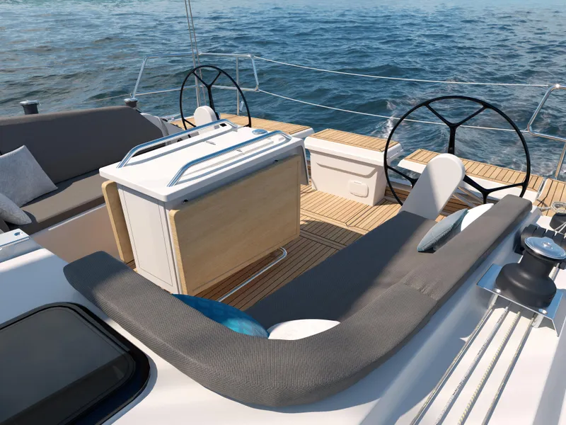 Slide: The Image of Modern Hanse 360 yacht cockpit with dual steering wheels, sleek design, and ocean view, 2025 model. - 17