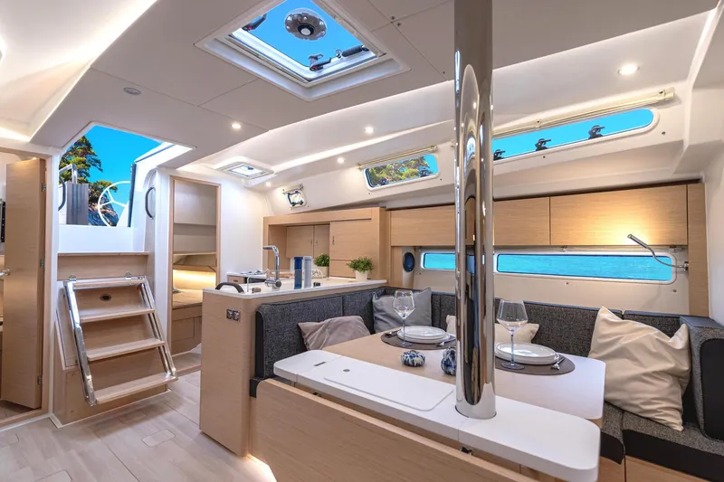 Slide: The Image of Luxurious interior of 2025 Hanse 360 yacht with modern furnishings and natural light. - 20