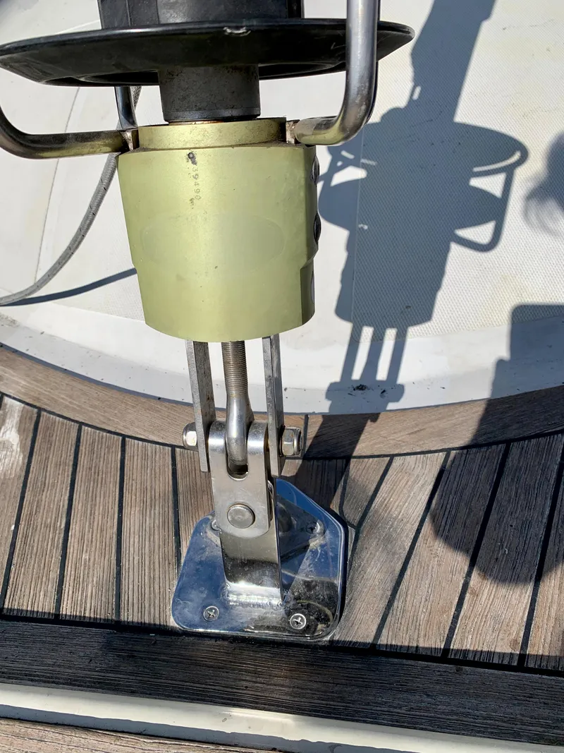 Slide: The Image of Close-up of a 1977 Aleutian 51 sailboat deck fitting and hardware. - 28
