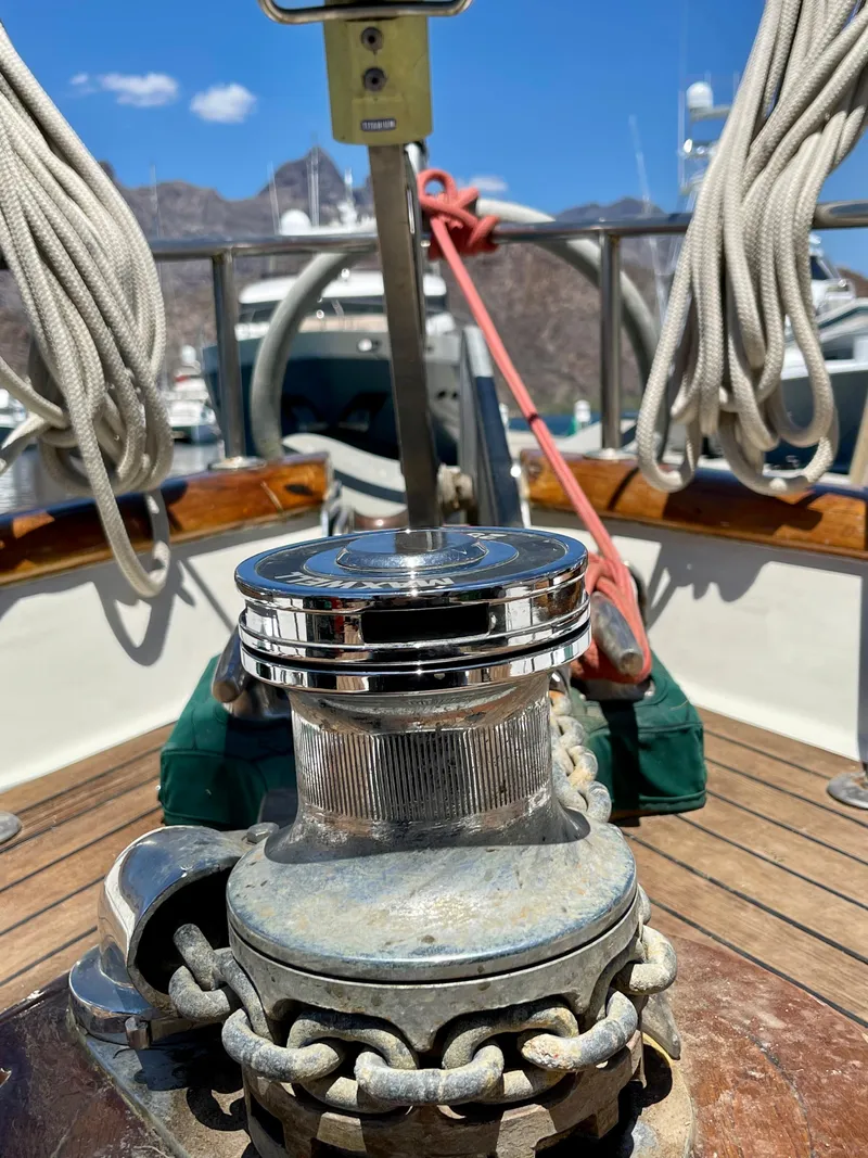 Slide: The Image of Deck view of a 1977 Aleutian 51 yacht with winch and ropes. - 32