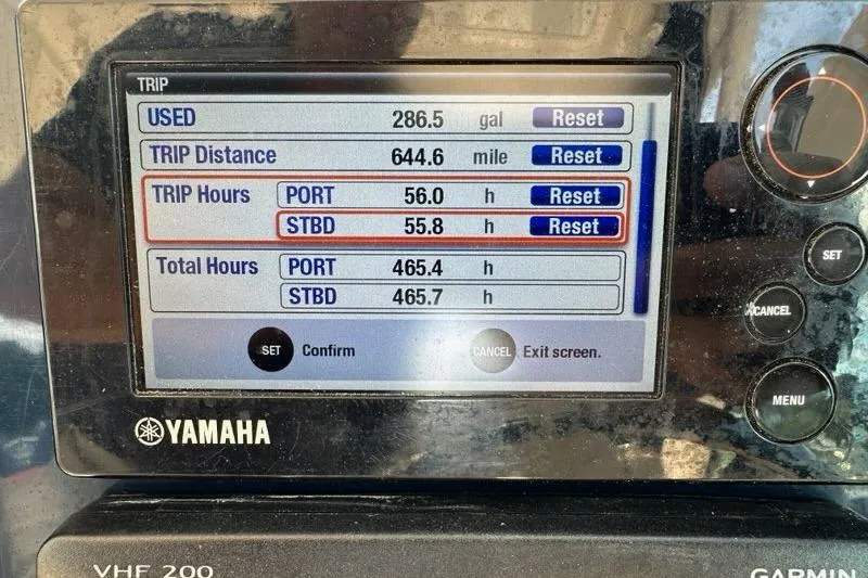Slide: The Image of Yamaha display showing trip data: 286.5 gallons used, 644.6 miles traveled on Pursuit DC 265. - 11