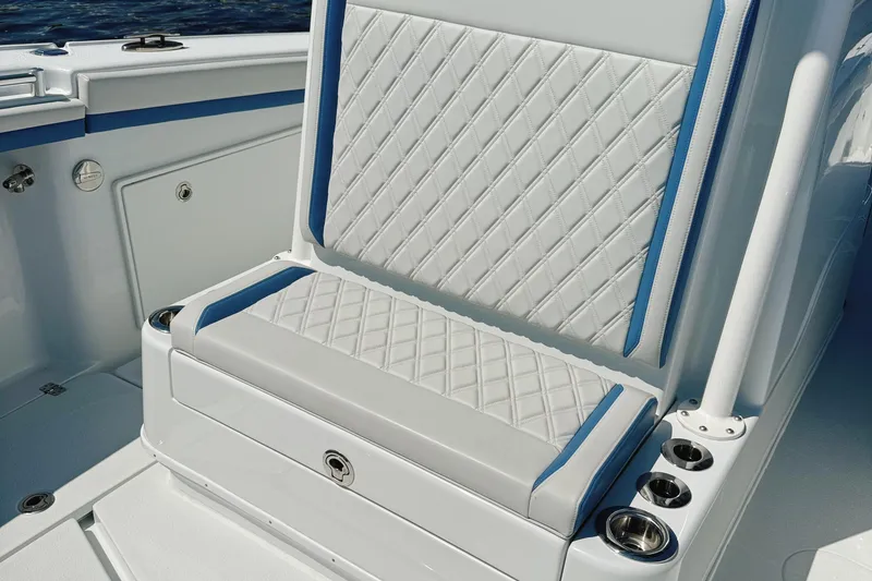 Slide: The Image of 2024 Yellowfin 34 Offshore boat with Garmin navigation displays and sonar. - 35