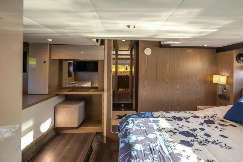 Slide: The Image of Luxurious interior of 2018 Cranchi Eco Trawler 53 Long Distance yacht bedroom. - 142