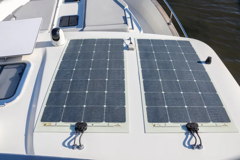 Slide: The Image of Solar panels on 2018 Cranchi Eco Trawler 53 Long Distance yacht deck. - 35