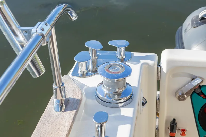 Slide: The Image of 2018 Cranchi Eco Trawler 53 Long Distance deck details with chrome fittings. - 53