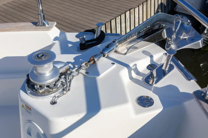 Slide: The Image of Anchor system on 2018 Cranchi Eco Trawler 53 Long Distance boat, featuring winch and chain. - 69