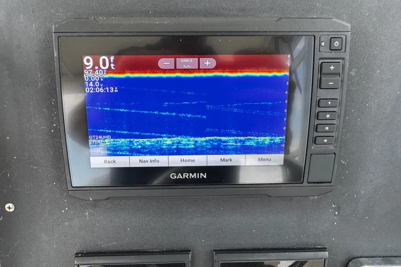 Slide: The Image of Garmin fishfinder display on 2005 Pursuit 2870 Walkaround boat, showing depth and sonar data. - 29