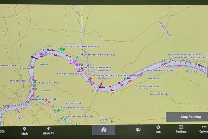 Slide: The Image of Navigation map display on a 2004 Carver 570 Voyager Pilothouse, showing river route details. - 14