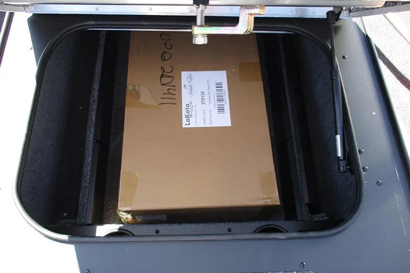 Slide: The Image of Storage compartment of 2026 Tracker Pro Team 175 with a cardboard box inside. - 13