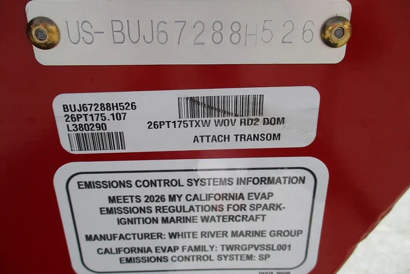 Slide: The Image of Tracker Pro Team 175, 2026 model, emissions control information and serial numbers displayed. - 36