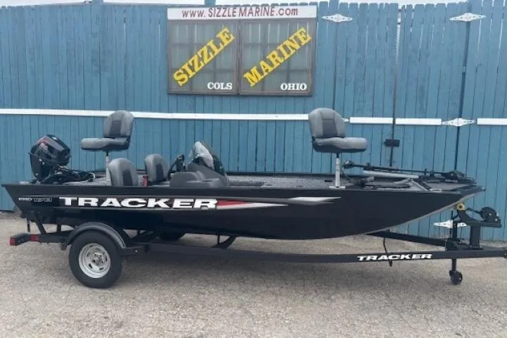 Slide: The Image of 2026 Tracker Pro 170 boat on trailer, displayed at Sizzle Marine, Ohio. - 0