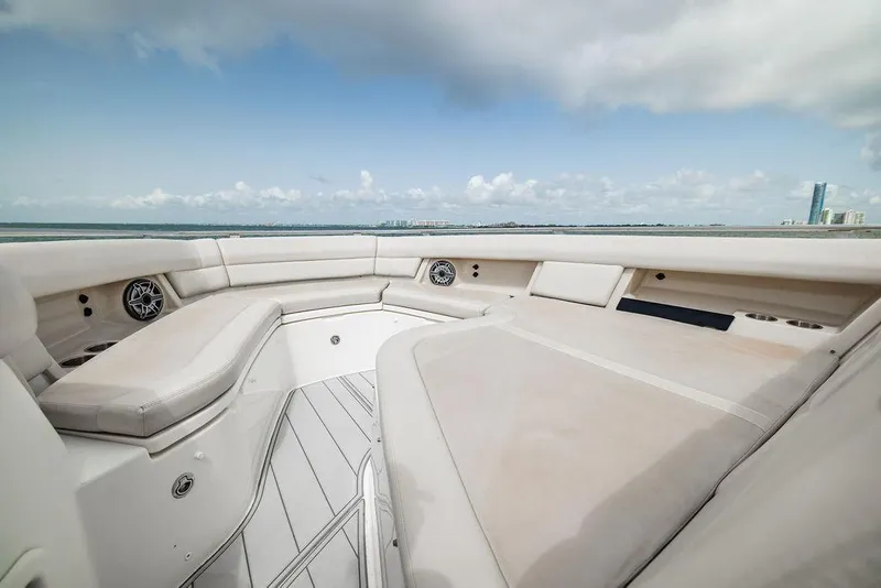 Slide: The Image of Luxurious seating area on 2019 Boston Whaler 380 Realm boat, with ocean view. - 24