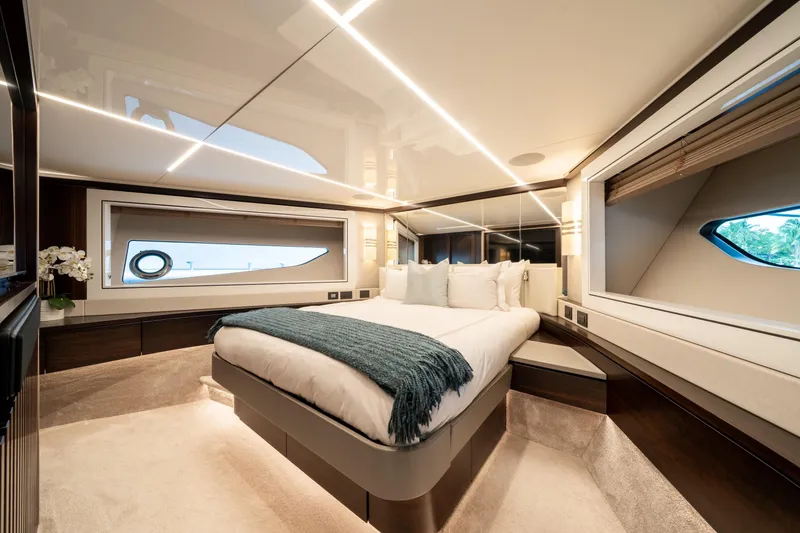 Slide: The Image of Luxurious bedroom interior of 2023 Sunseeker 90 Ocean yacht with modern design. - 28
