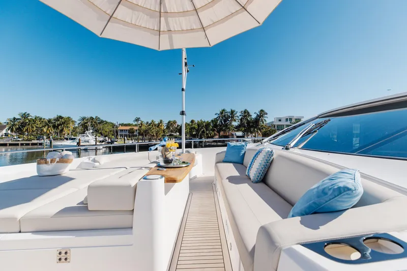 Slide: The Image of Luxurious Sunseeker 90 Ocean yacht deck with elegant seating, 2023 model. - 42