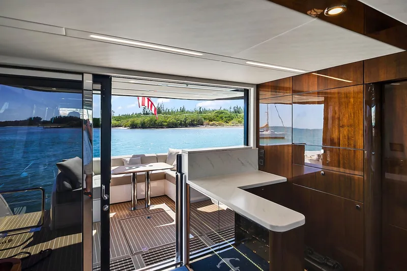 Slide: The Image of Luxurious interior of 2021 Fairline Squadron 68 yacht with ocean view. - 19