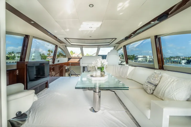 Slide: The Image of Luxurious interior of 2009 Lazzara LSX 75 yacht with elegant seating and panoramic windows. - 21