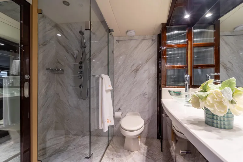 Slide: The Image of Luxurious bathroom on 2009 Lazzara LSX 75 yacht with marble finishes and elegant decor. - 58